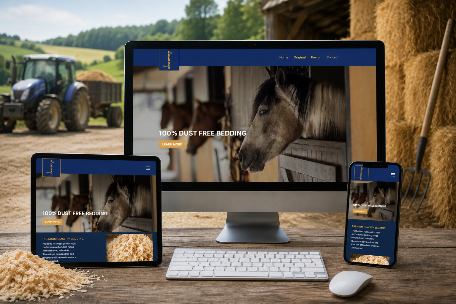 FredBed responsive Joomla! website displayed on a desktop computer, showcasing premium equine bedding products.