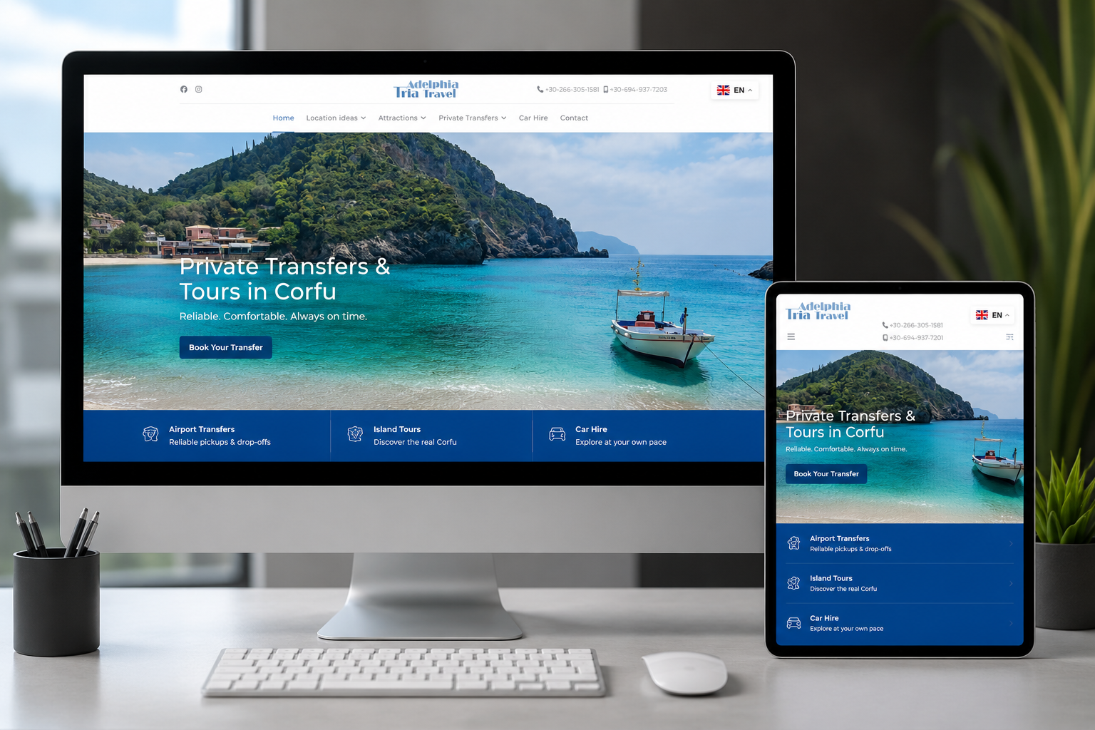 Tria Adelphia Travel responsive website displayed on a desktop computer, designed and developed by WA Designs.