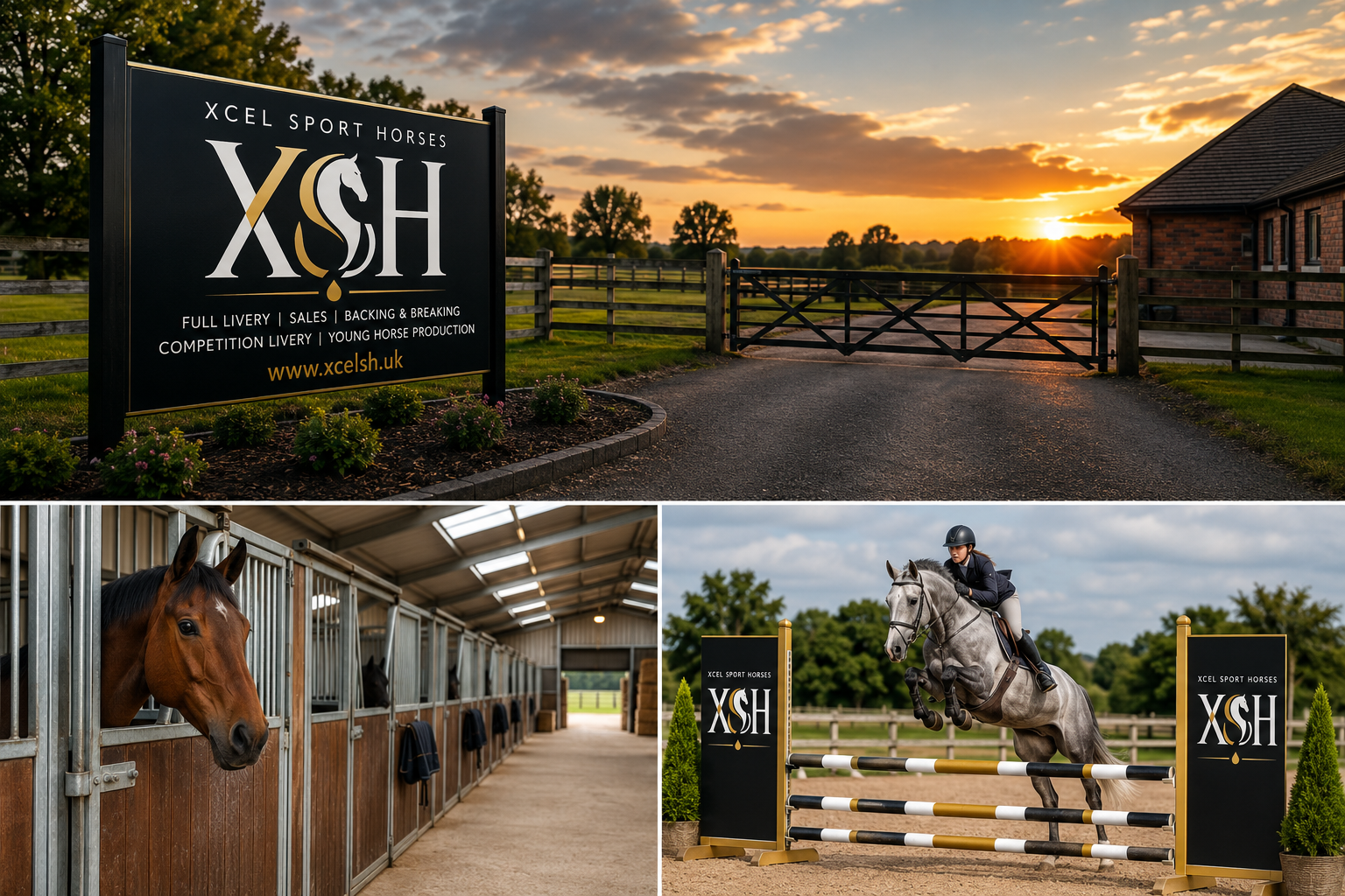 Composite showcasing the Xcel Sport Horses website, featuring luxury equestrian facilities, modern stables and professional show jumping, designed by WA Designs.
